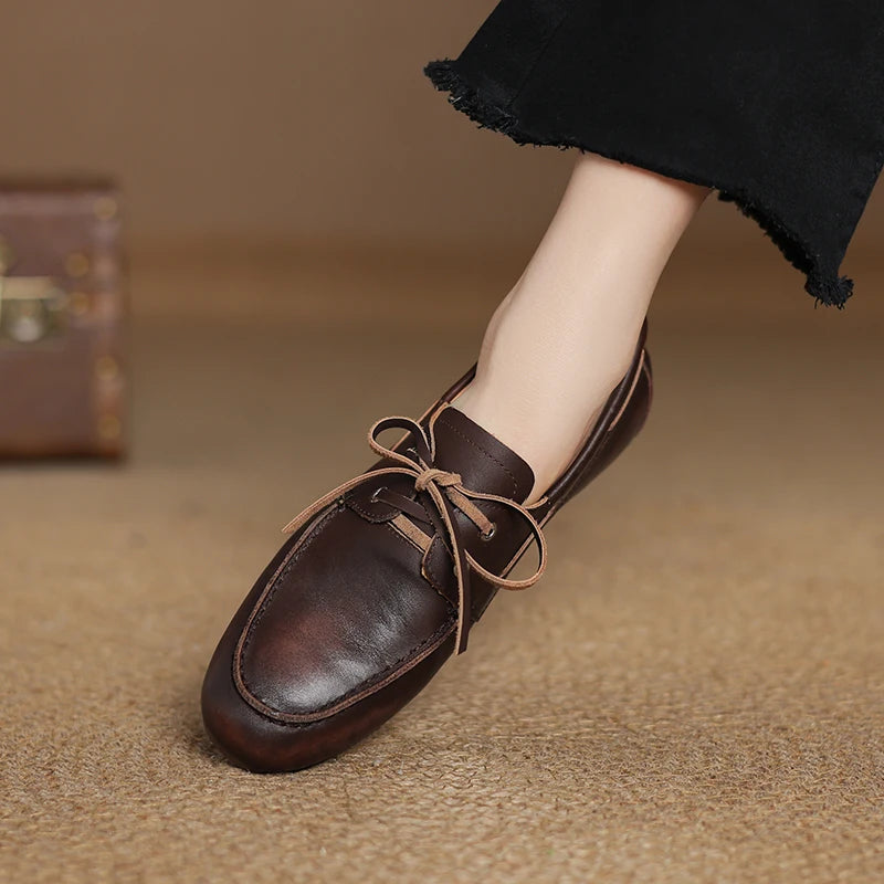 2026 New Spring Genuine Leather Women Shoes Round Toe Women Flats Shoes for Women Retro Lace Up Loafers Fashion Ladies Shoes