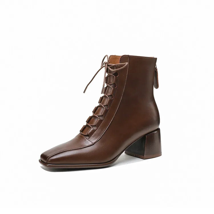 2022 Autumn Women Boots Square Toe Back Zipper Women Shoes Chunky Heels Shoes for Women High Heel Boots Vintage Leather Shoes