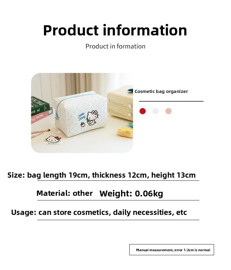 Strawberry Milk Cartoon Hello Kitty Soft Cotton Makeup Bag for Girls, Portable Skincare Organizer, Student Toiletry Bag, Cute Ca