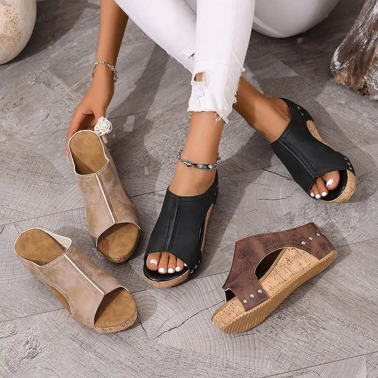 Women's Fashion Wedge Sandals Cork Platform Mules Open Toe Studded Slide Sandals Casual Summer High Heel Slides for Women Ladies