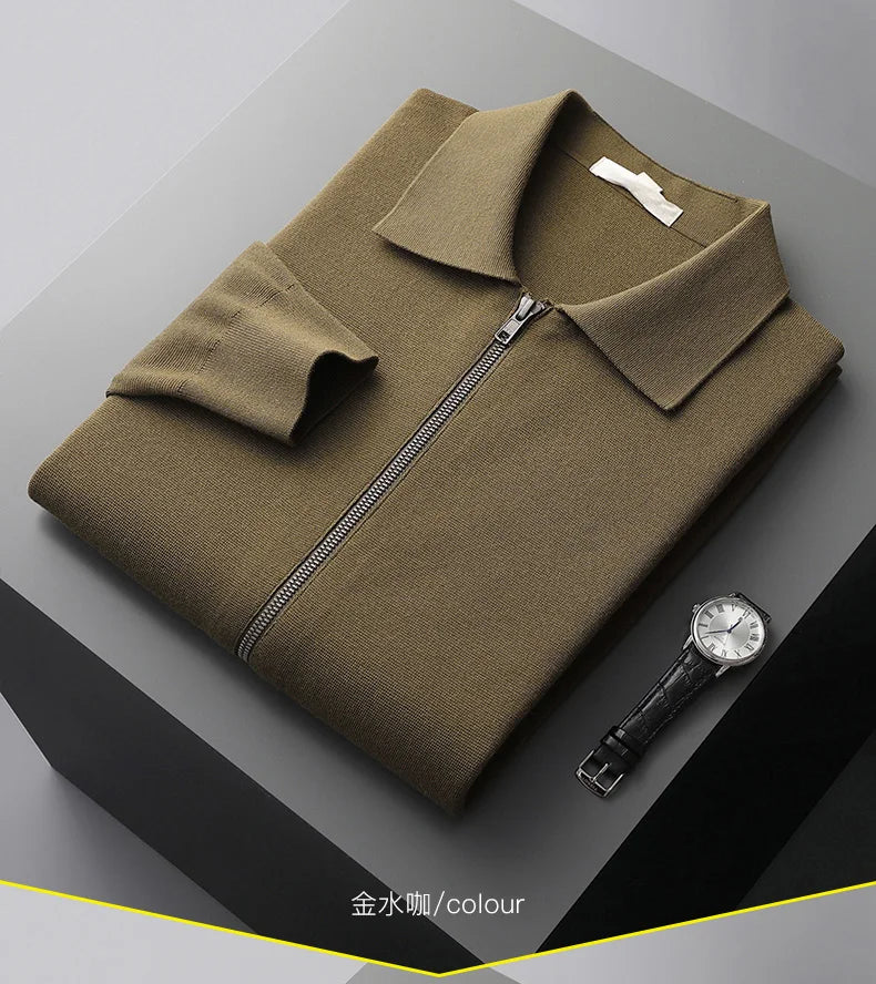 Men's Cardigan 100% Pure Cashmere Jacket Zippered Lapel Knit Sweater, Loose Thickened Long Sleeved Business Casual Autumn Winter