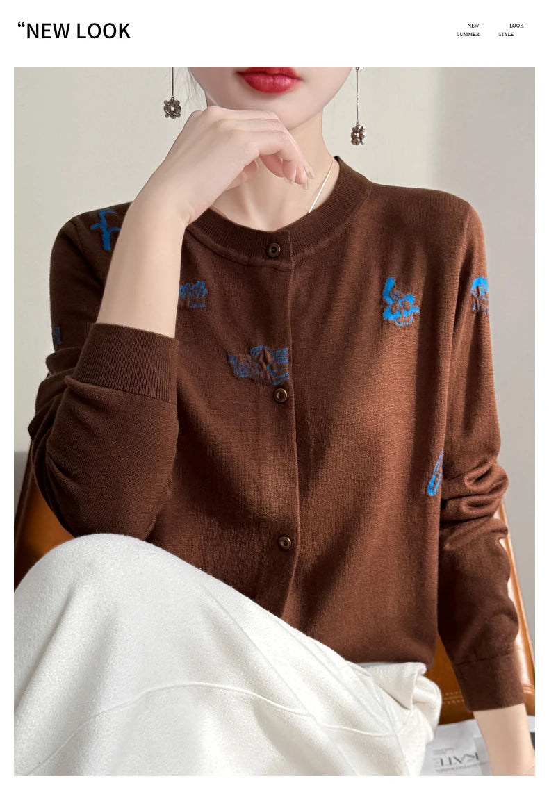 2025 New Merino Worsted Wool Women Sweater Spring Female Knitted Cardigan Long Sleeve Solid Clothing Tops Embroidery Outerwear