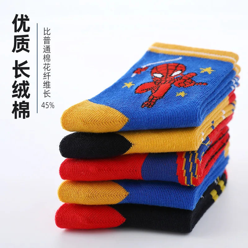 5 Pairs/Lot Disney Cartoon Marvel Spiderman Baby Autumn Winter New Cotton Socks Warm Mid-calf Socks for Boys 1-12 Years