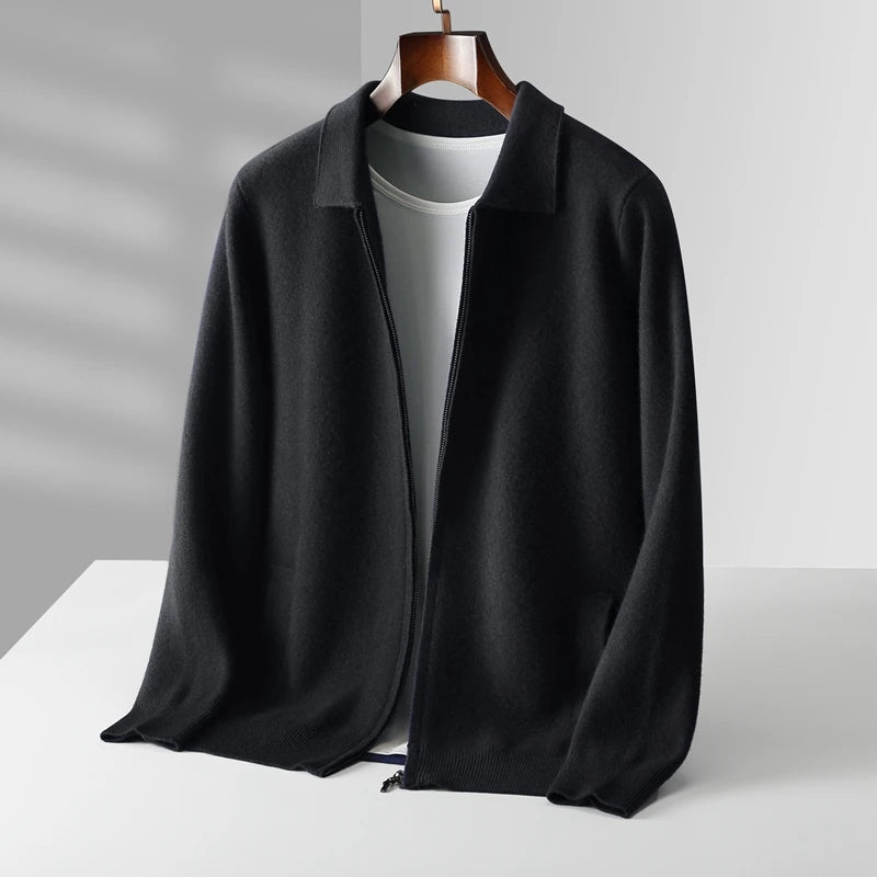 Men's Cardigan 100% Pure Cashmere Jacket Zippered Lapel Knit Sweater, Loose Thickened Long Sleeved Business Casual Autumn Winter