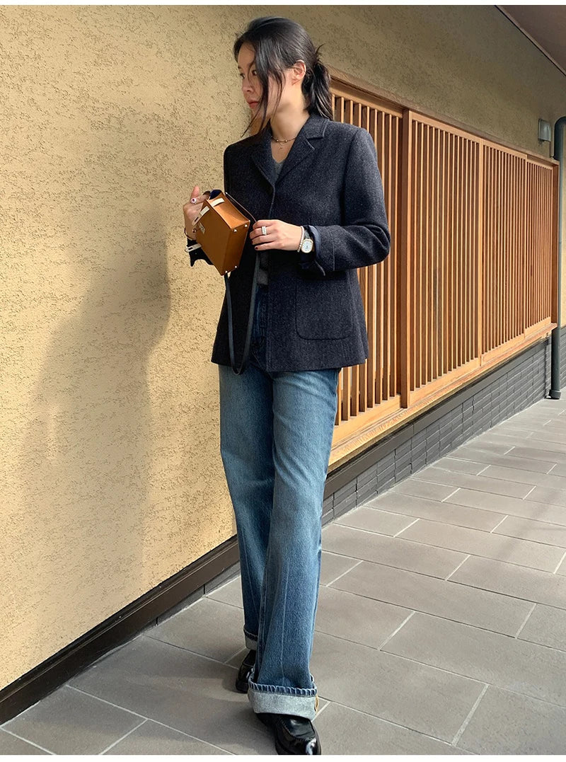 50 Wool Women Notched Collar Blazer Jacket Coat Fall Winter Thick Warm Overcoat Pocket Fashion Slim Waist Buttons Coat 2024 New