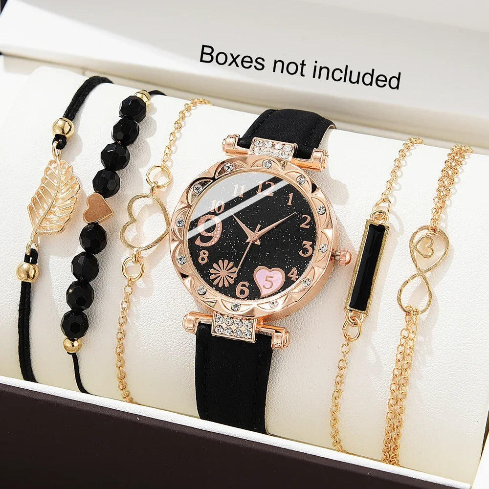 6PCS Set Watch for Women Luxury Leather Analog Ladies Quartz Wrist Watch Fashion Bracelet Watch Set Female Relogio Feminino Gift