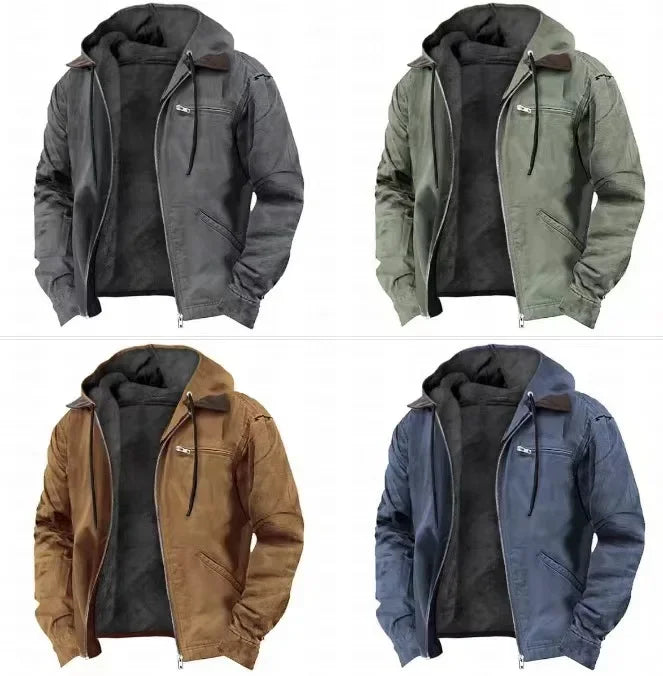 Men's Casual Jackets Hooded Zipper Pocket Fashion Solid Color Fleece Warm Outerwear Male Outdoor Hooded Hoodie Coats Winter 2025