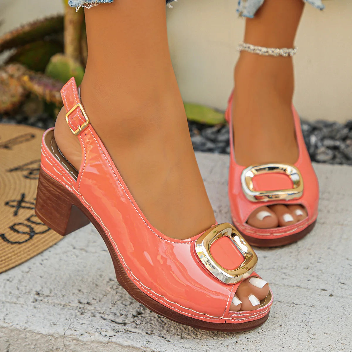 Summer Snadalias Sexy Patent Leather Thick High Heeled Sandals Women Metal Ring Peep Toe Platform Sandles Woman Back Strap Mujer