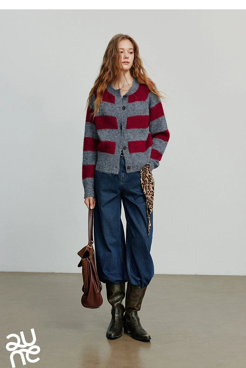 TOYOUTH Women Sweater 2025 Autumn New Color Contrasting Lulu Style Striped Cardigan Tops