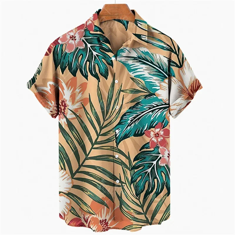 Summer Men's Leaves Elegant Floral Social Hawaiian Short Sleeve Oversized Casual Shirt Printing Vacation Style Harajuku Camisa