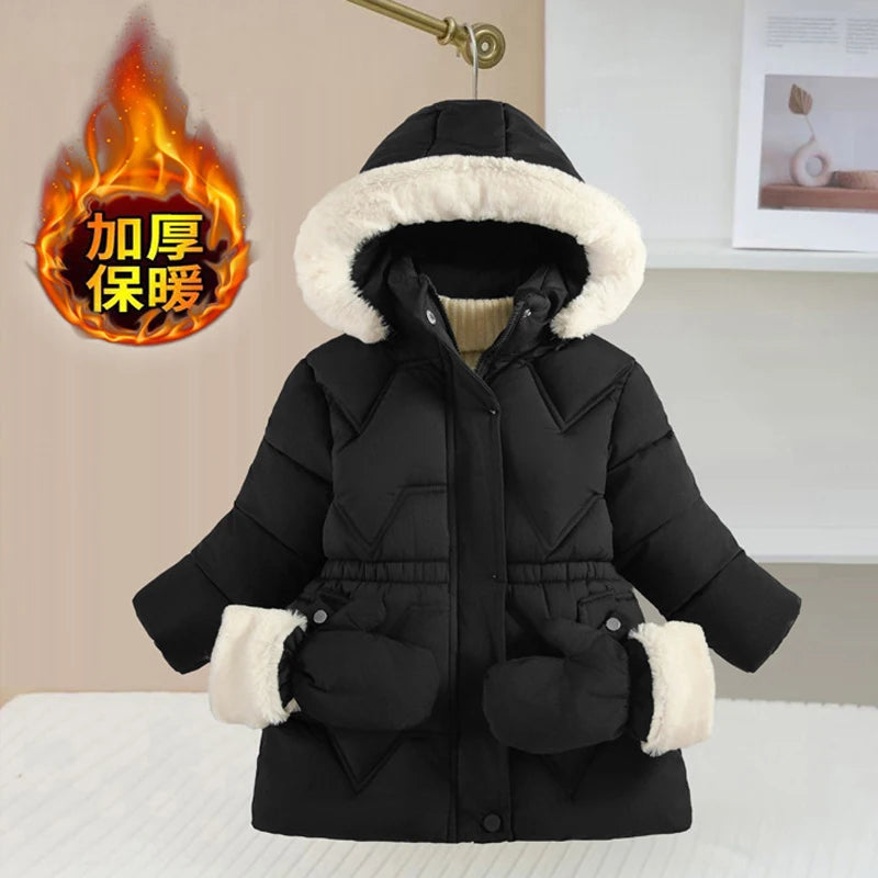 2025 Winter New Girls Jacket Long Solid Color Lining Berber Fleece Thick Warm Hooded Parka For 4-10Y Girls Bow Fashion Snowsuit