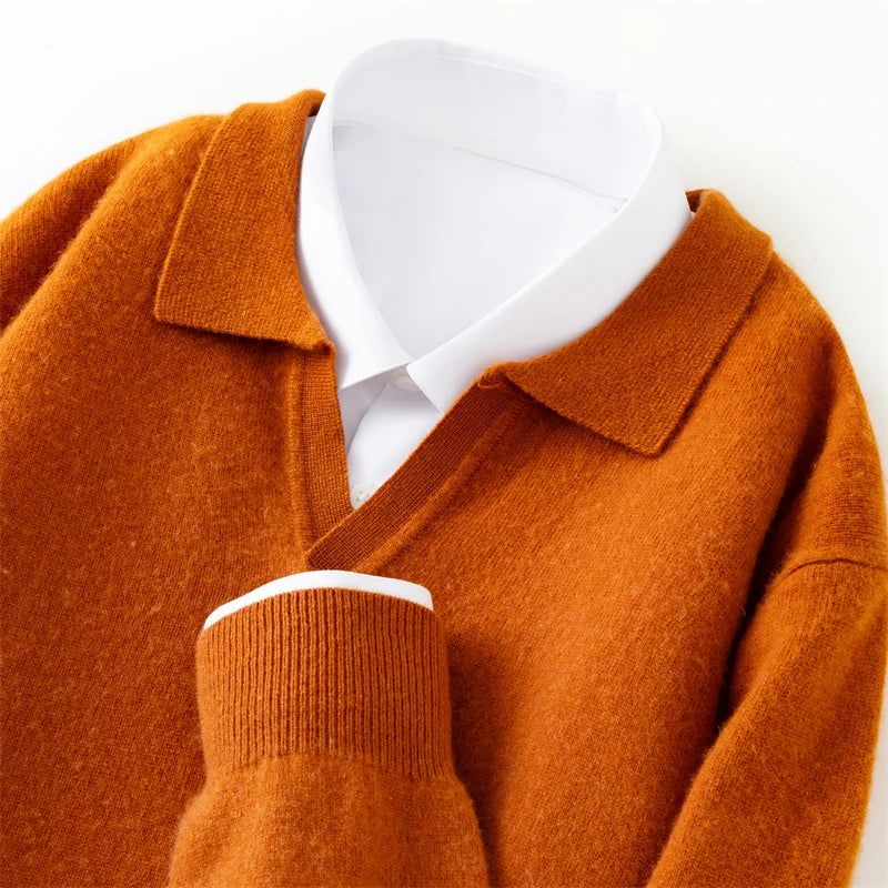 Autumn/Winter Men's 100% Pure Cashmere Pullover Business Casual Solid Knitted Sweater Loose Collar Tops Thick Warm Base Jumper