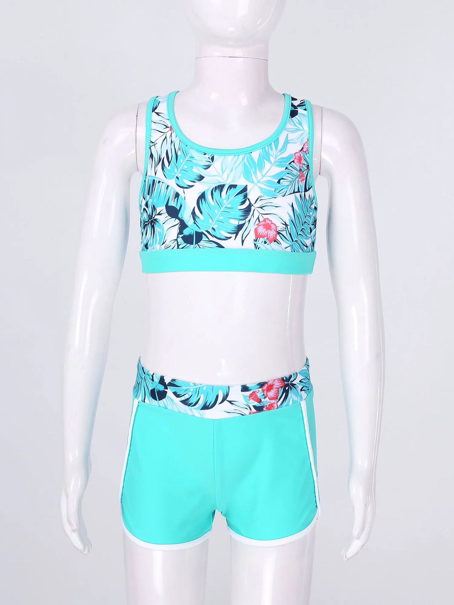 Kids Girls 4PCS Printed Swimsuit Long Sleeve Outerwear with Sleeveless Crop Top Briefs Shorts Bathing Suit Rash Guard Swimwear