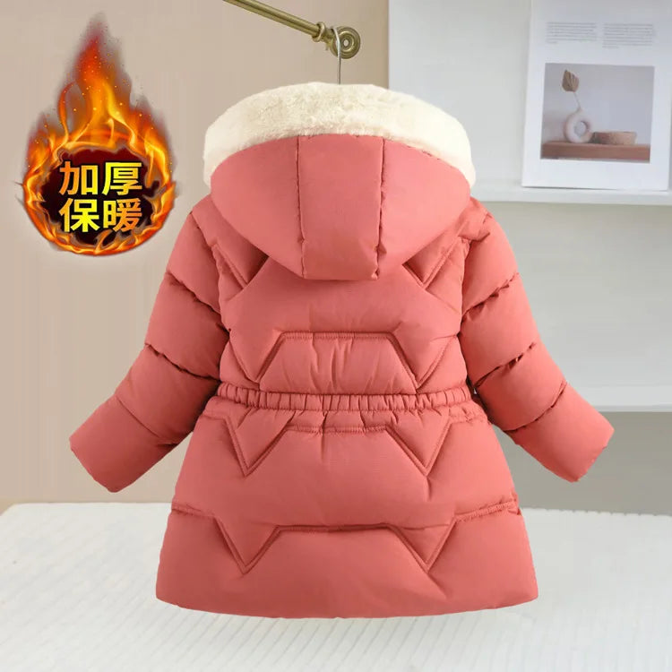 2025 Winter New Girls Jacket Long Solid Color Lining Berber Fleece Thick Warm Hooded Parka For 4-10Y Girls Bow Fashion Snowsuit
