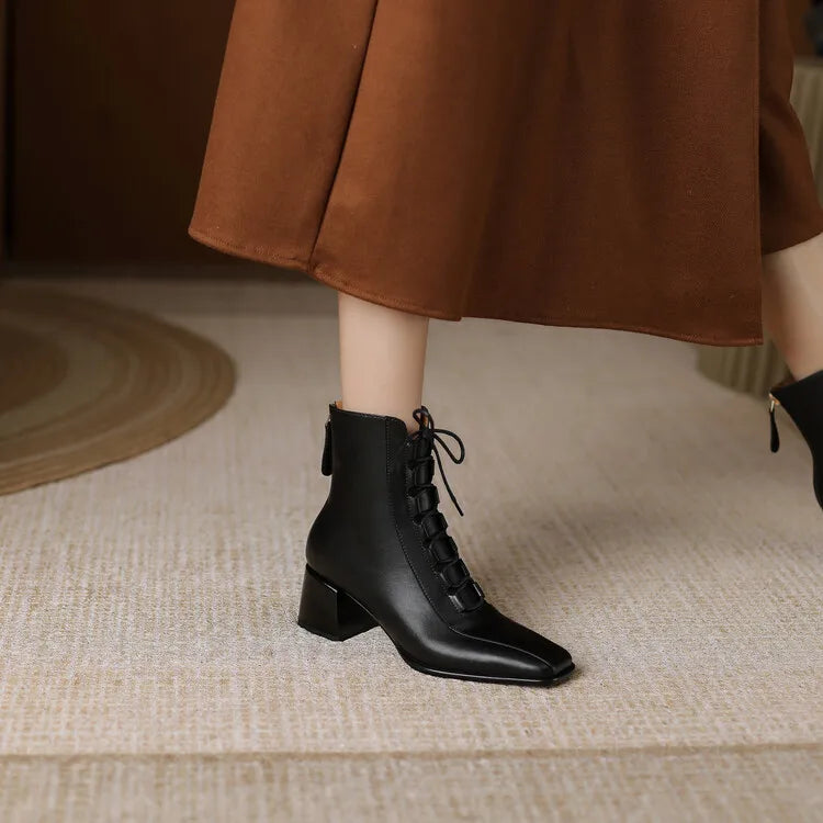 2022 Autumn Women Boots Square Toe Back Zipper Women Shoes Chunky Heels Shoes for Women High Heel Boots Vintage Leather Shoes