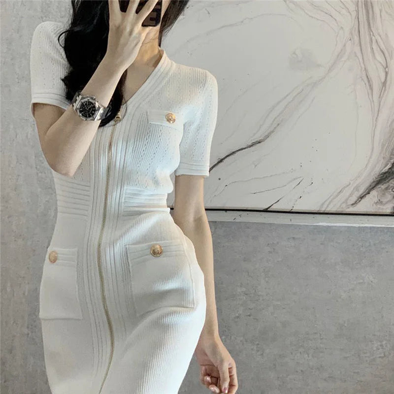 Summer Retro White Pocket Zipper Bodycon Elegant Chic Knitted Dresses Women Fashion Short Sleeve Office Lady Mini Dress Vestidos