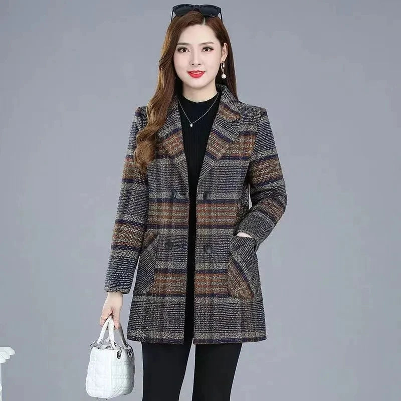 Mother's clothing Plaid Woolen Jacket 5xl Autumn Winter Female Thicken Slim Middle length Outwear Korea Women's Casual Wool Coat