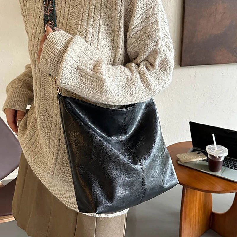 Antique Single Color Feminine Shoulder Sling Bag; Spacious, Simple, Wide Strap Bucket Crossbody Bag