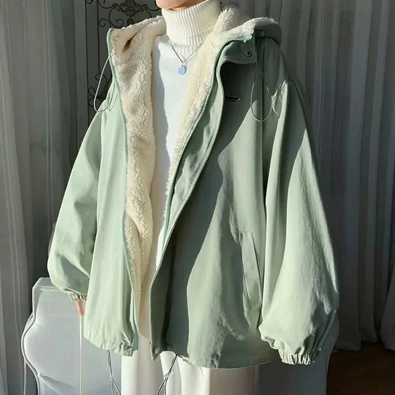 Lamb wool Jacket Women's 2025 Autumn winter New Korean version Loose Workwear Student cotton Jackets Female Hooded Warm Coat