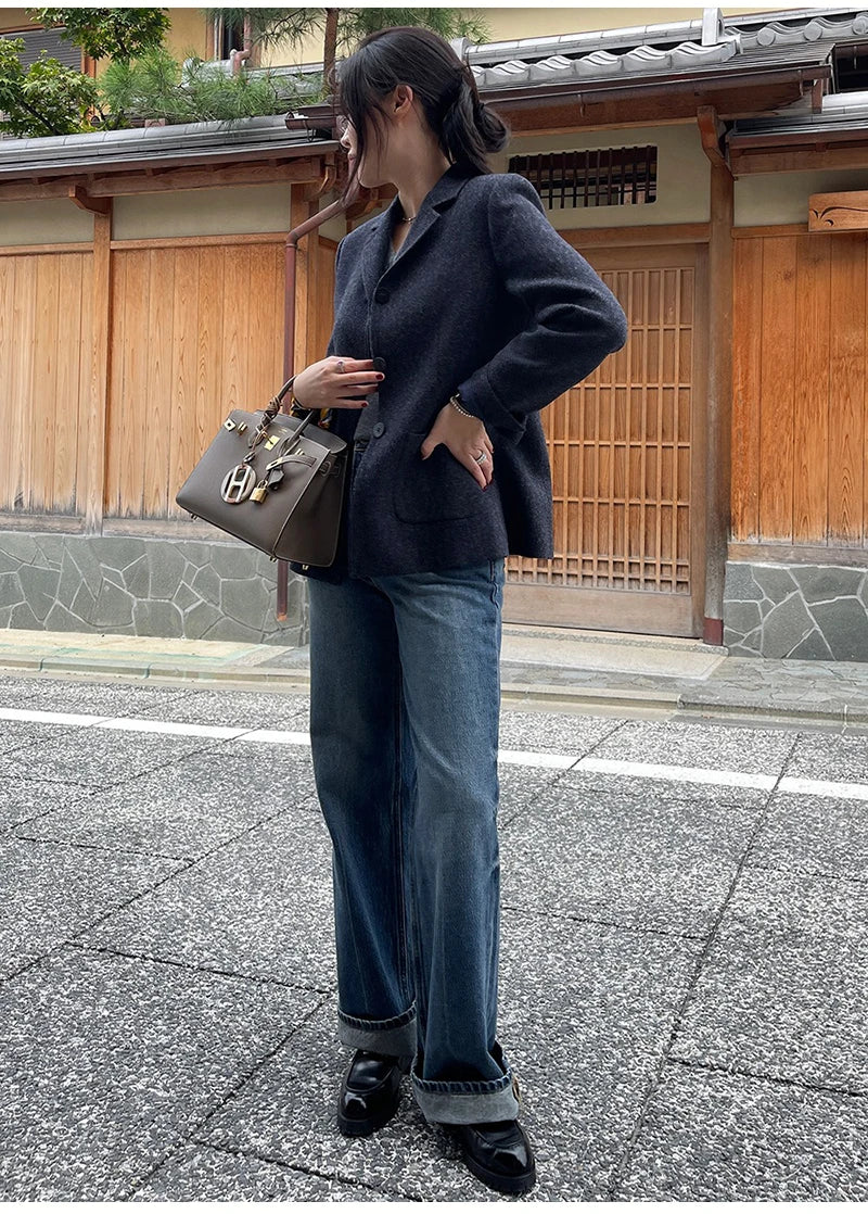 50 Wool Women Notched Collar Blazer Jacket Coat Fall Winter Thick Warm Overcoat Pocket Fashion Slim Waist Buttons Coat 2024 New