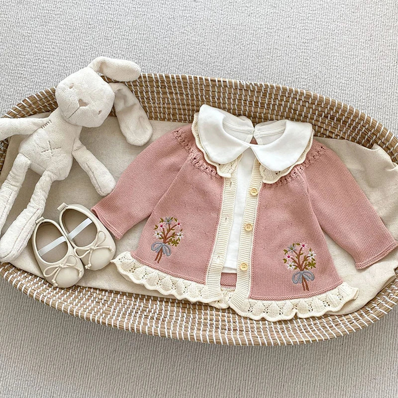 Suéteres de otoño para bebé, ropa para niña, Top de punto, cárdigan con solapa de encaje bordado, abrigo infantil de punto de manga larga, ropa para recién nacido