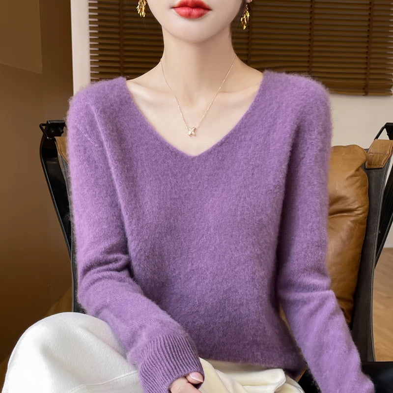 Fashion Pullover 100% Merino Wool Women Sweater V-Neck Long Sleeve Basic Jumper Spring Autumn Winter Clothing Knitwear Tops
