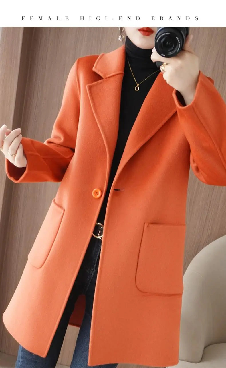 100% Pure Wool Double-Sided Cashmere Jacket Women Overcoat  Autumn Winter New Mid-Length One-Button Slim Wool Windbreakers coat