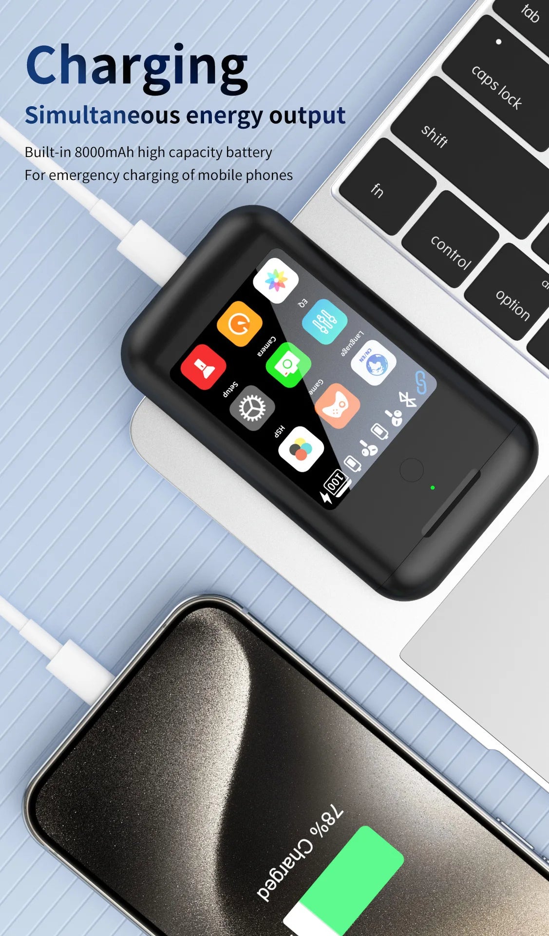 Wireless Bluetooth 5.2 Earphones 2.8-inch Multimedia Smart Touch Screen ANC Earbuds Flashlight 5000mah Power Bank Hiking Headset