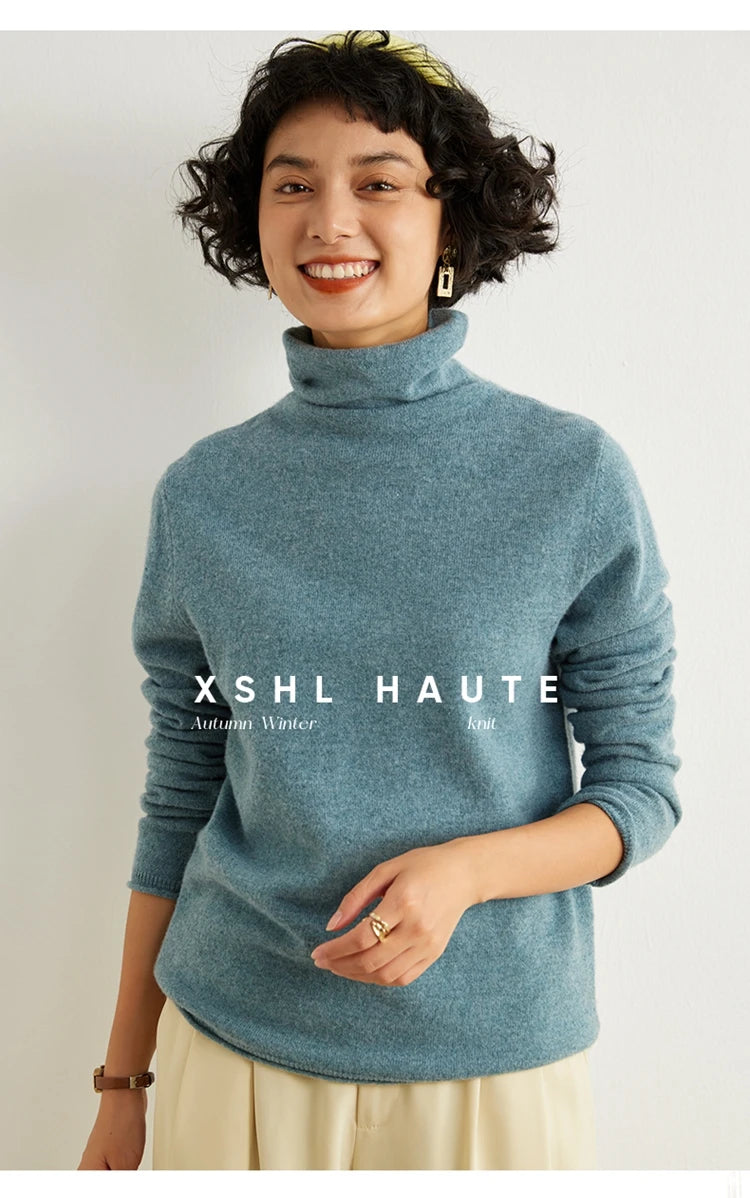 Women's 100% Cashmere Sweater Casual Solid Color Knitted Pullover Loose High Neck Jumper Autumn/Winter Warm Blouse Tops