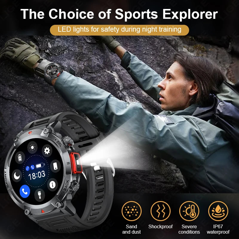 LIGE Military Grade New Outdoor Sports Men Smart Watch AMOLED Full Touch Screen With LED Flashlight Bluetooth calling SmartWatch