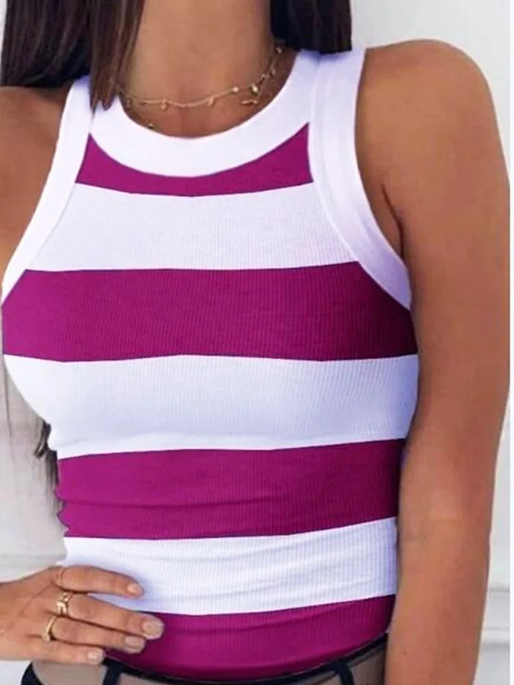 Women's Clothing Tops Tanks Camis Digital Printed Round Neck I-Shaped Vest Sexy Summer Striped Sleeveless Vest for Women Vests
