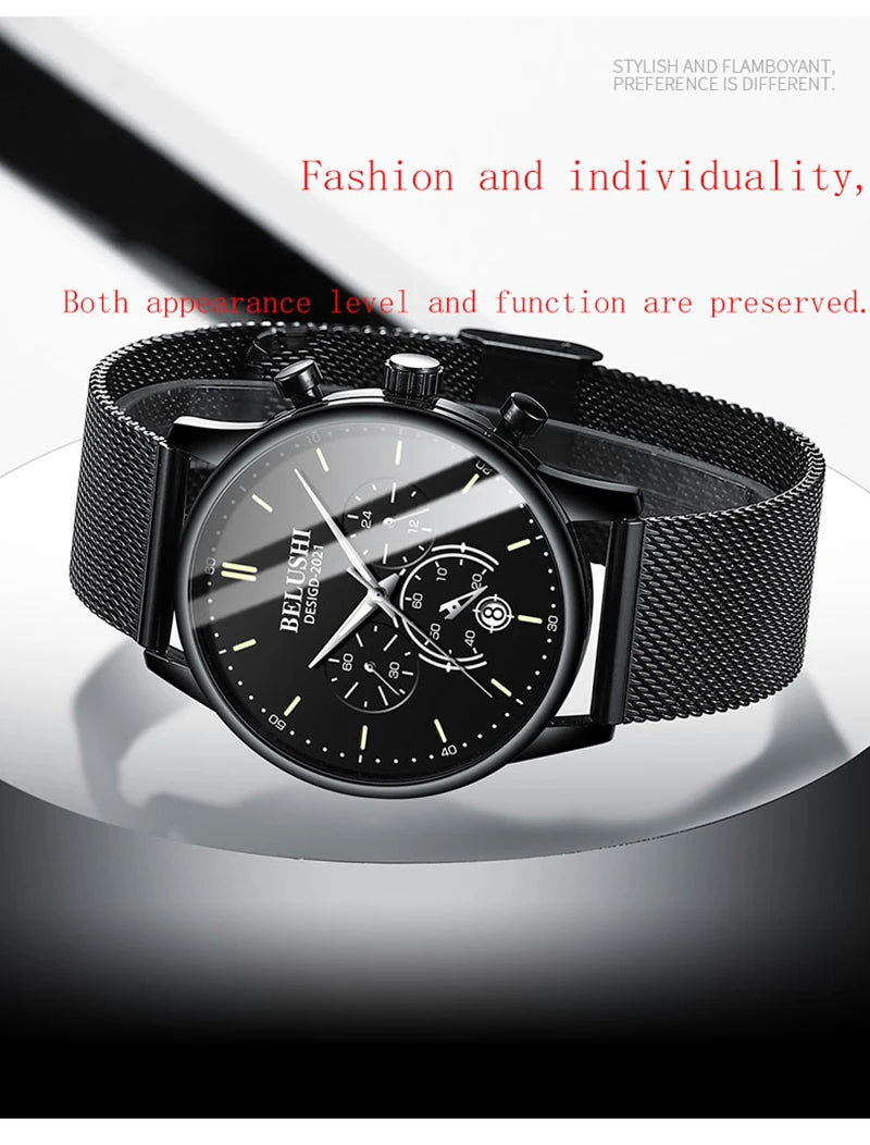 BELUSHI Cool Ultra Thin Mens Watch Luxury Multifunction Stopwatch Calendar Luminous Male Clock Waterproof Mesh Strap Reloj Hombr