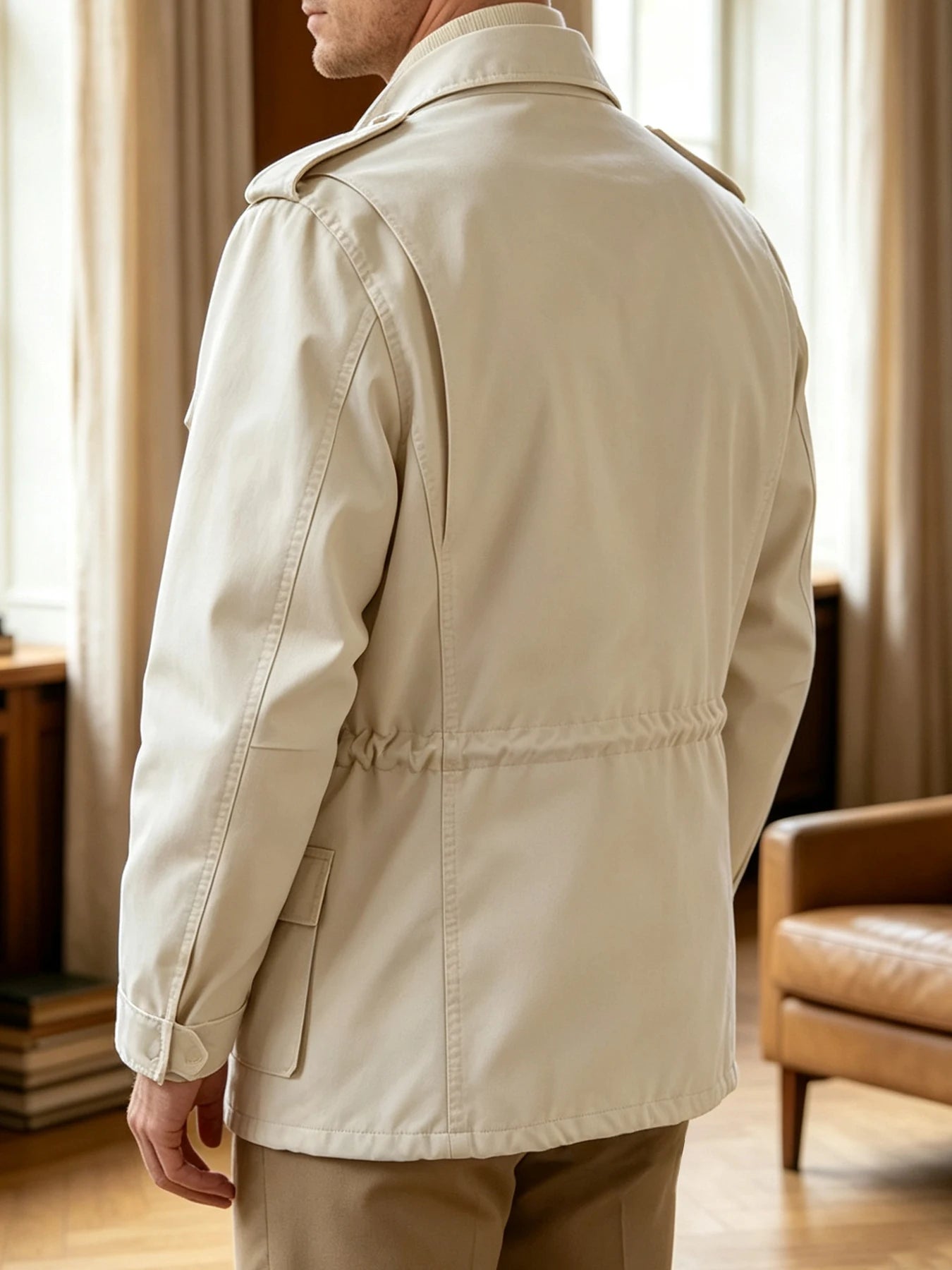Men Old Money Style M65 Jacket Cream 100% Cotton Multi Pocket Lapel Collar Drawstring Business Casual Spring Autumn Outerwear