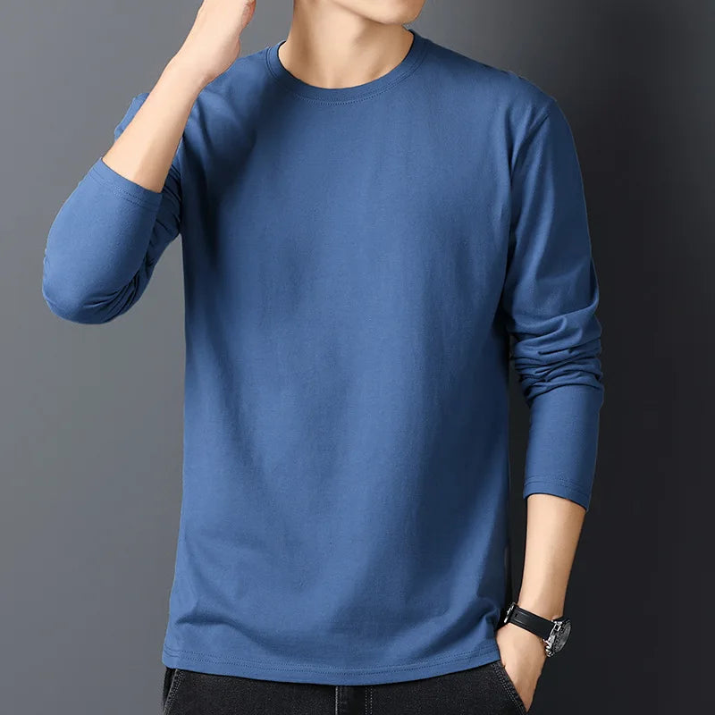 Spring Autumn 100% Cotton T-Shirts Men Solid Round Neck Long Sleeve Casual Tshirt Male Comfortable Breathable Korean Slim Tees