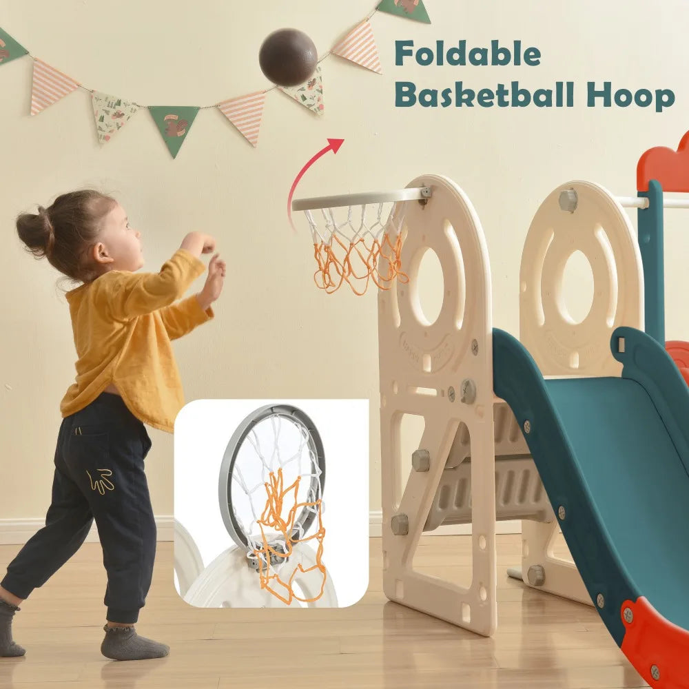 Tobogán para niños con estructura de juego de autobús, juguete de autobús independiente con tobogán para niños pequeños, juego de tobogán de autobús con juguete de regalo de baloncesto para niños