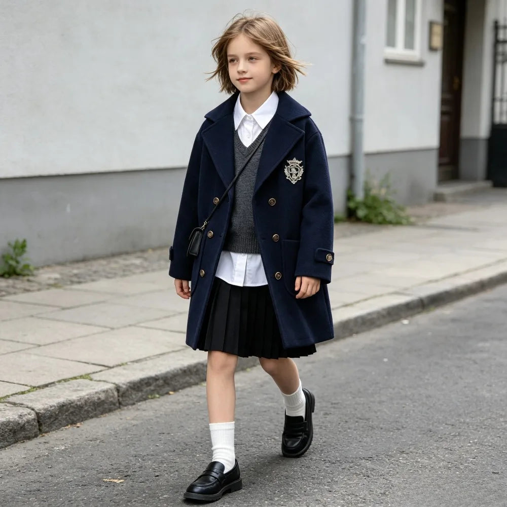 Teens Girls Winter Jacket Preppy Style Navy Mid-length Wool Coat for Kids Thick Warm Casual All-match School Children Outerwear