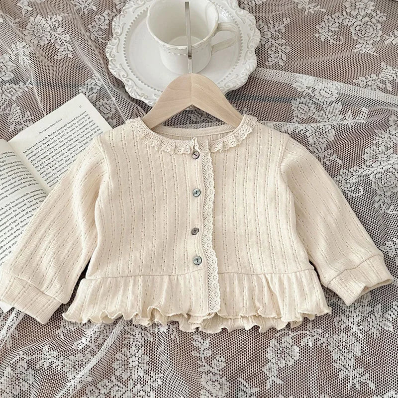 New Spring Korean Style Infant Baby Girls Cardigan Long Sleeved Cotton Solid Color Lace Splicing Newborn Baby Girls Coat