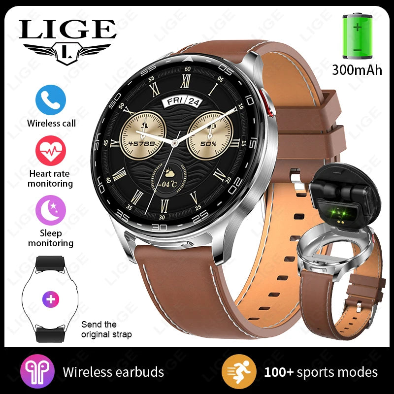 LIGE 2 In 1 TWS Headset Smart Watch 1.39" Women Men Sport Fitness Heart Rate Health Tracker Watches Earphone Music Smartwatch