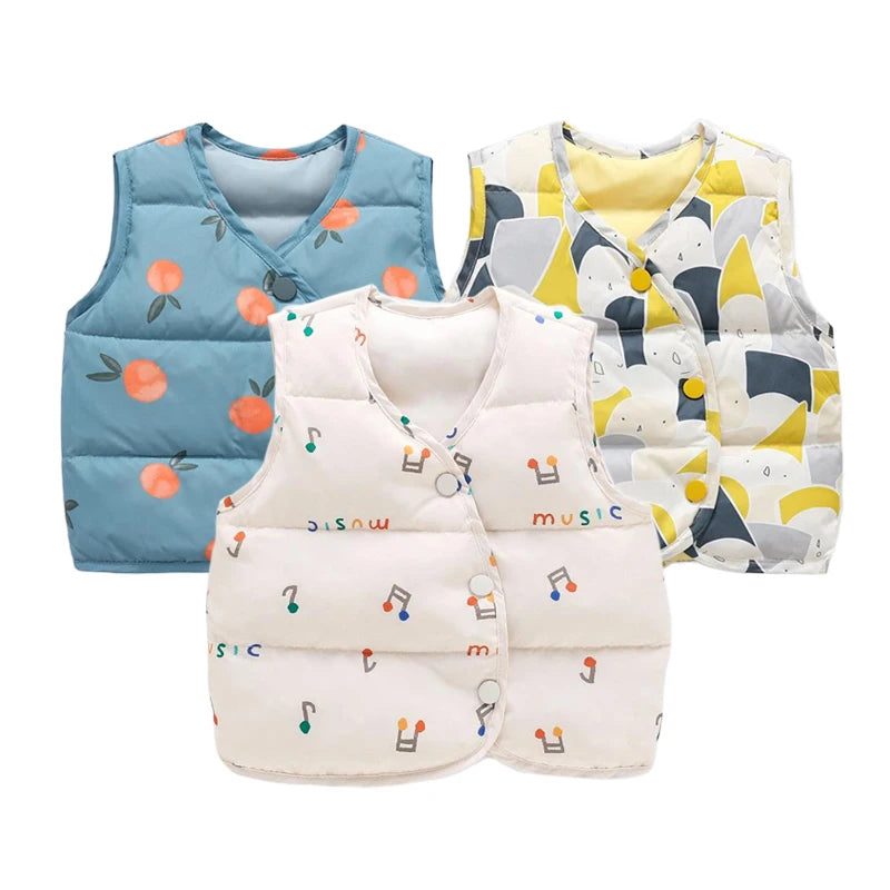 Chalecos de plumón para bebés, ropa de otoño e invierno con estampado de dibujos animados para niñas y niños, cárdigan, abrigos, chaleco infantil cálido, disfraz para niños pequeños