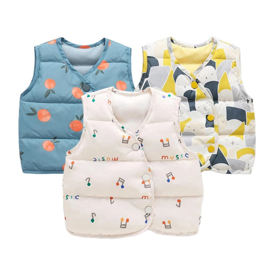 Chalecos de plumón para bebés, ropa de otoño e invierno con estampado de dibujos animados para niñas y niños, cárdigan, abrigos, chaleco infantil cálido, disfraz para niños pequeños