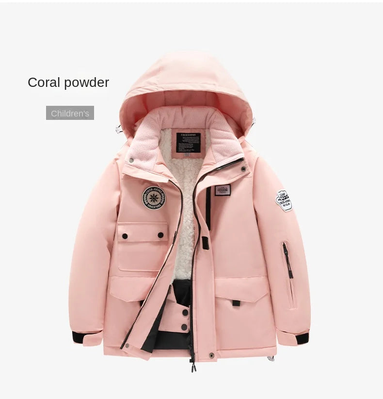 Winter children's skiing suit for boys and girls, windproof and waterproof thick coat for warmth and snow playing equipment
