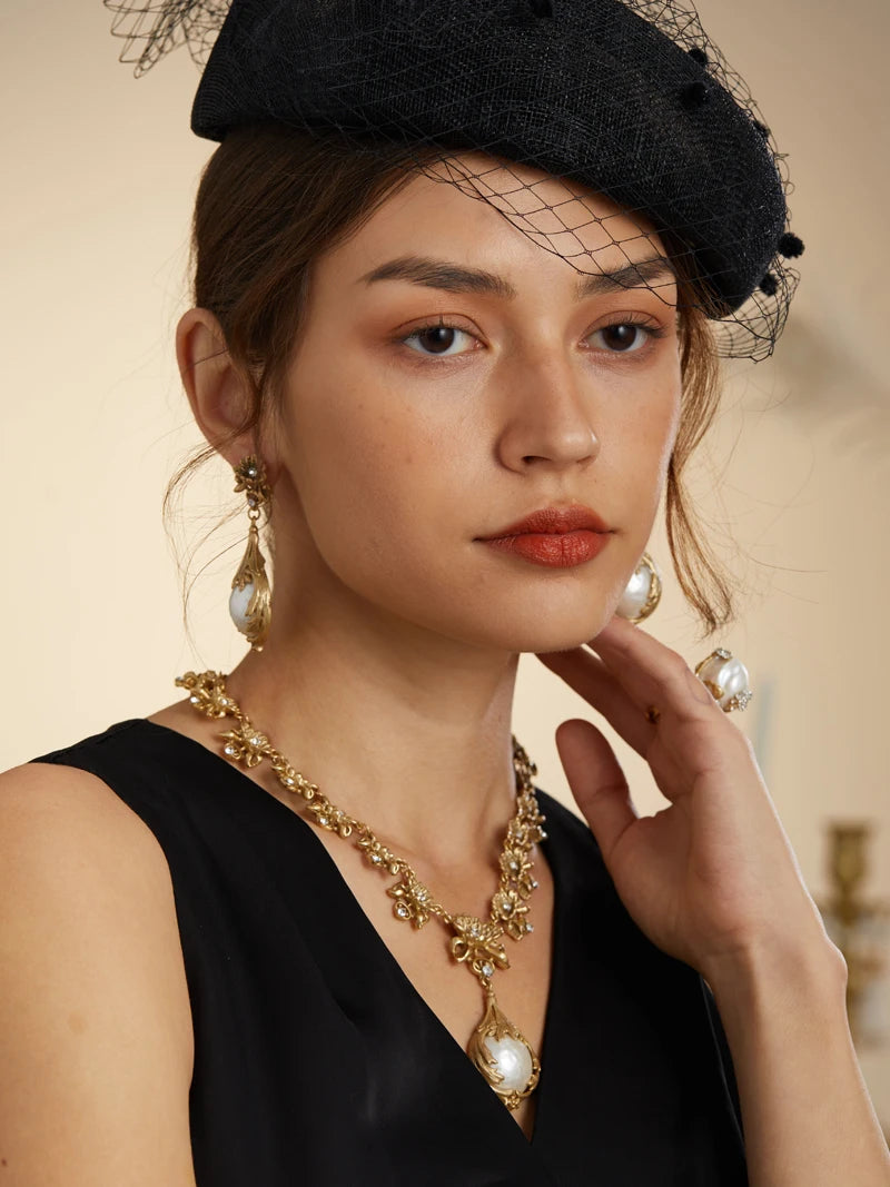 Baroque Style Freshwater Pearls Necklace Jewelry Sets For Women Gold Color Wedding Ring Set Bridal Nightwear Pendant 2025 Trend