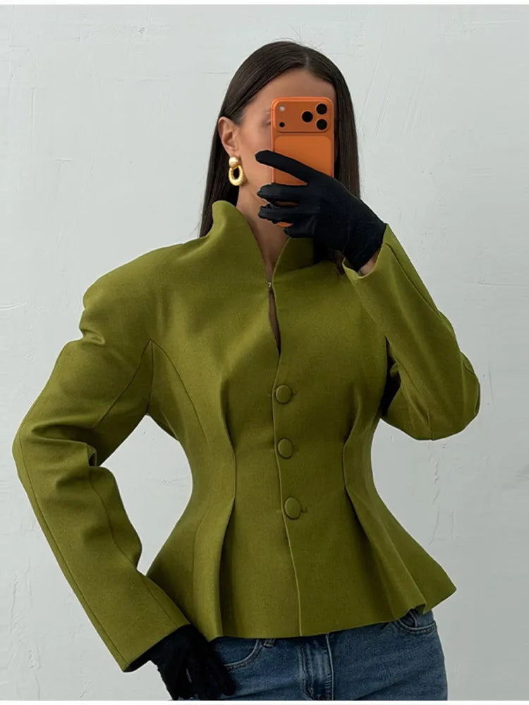Elegant Pleated Waist Cinched Women's Jacket  Chic V Neck Single Breasted Lace Up Coat 2026 Lady Casual Slim Commute Outerwear
