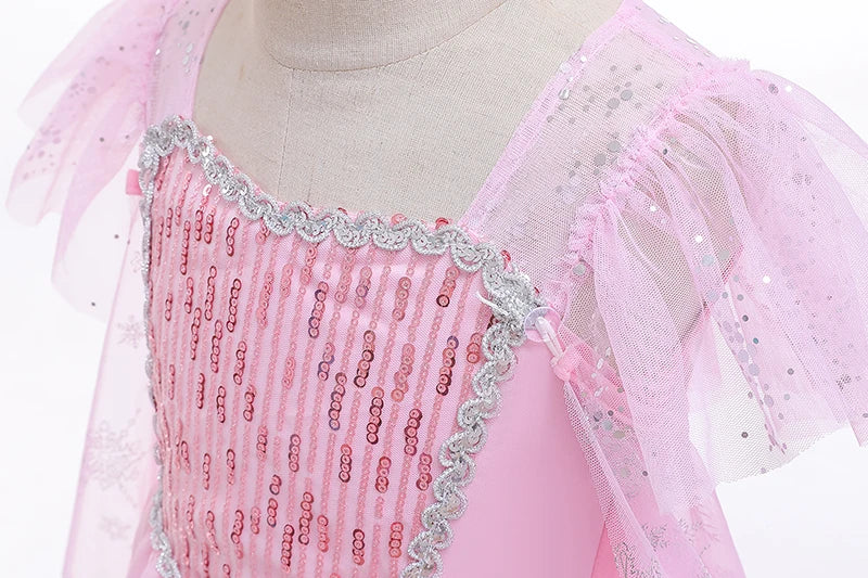Girls pink sequined mesh princess dress, mesh short sleeves, with cape, suitable for party, dance, performance, carnival dress