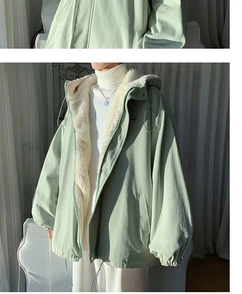 Lamb wool Jacket Women's 2025 Autumn winter New Korean version Loose Workwear Student cotton Jackets Female Hooded Warm Coat