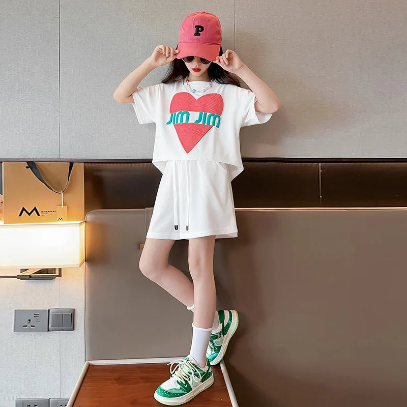 Summer Teenage Girl Clothes Set Letter Sweet Short Sleeve Tshirt and Shorts Suit Children's Girls Top and Bottom 2pcs Tracksuit