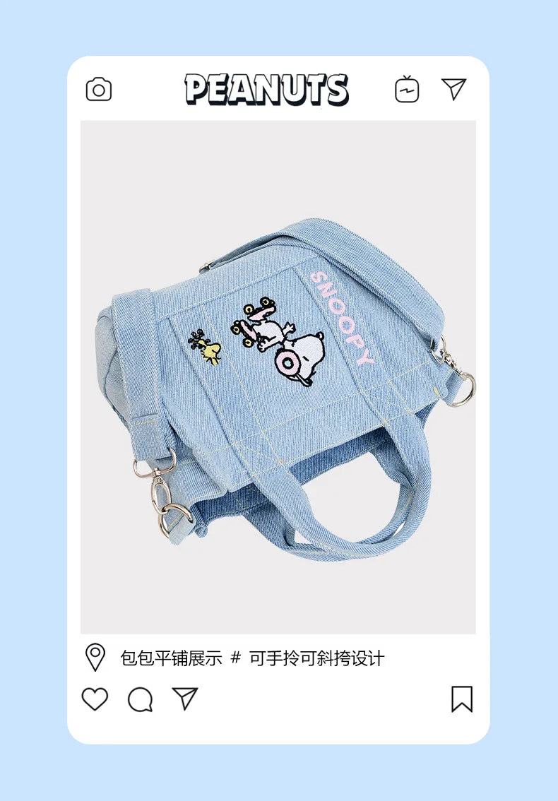 Kawaii Snoopy Denim Tote Bag Cartoon Animation Student Cute Tote Bag Embroidery Lunch Crossbody Bag