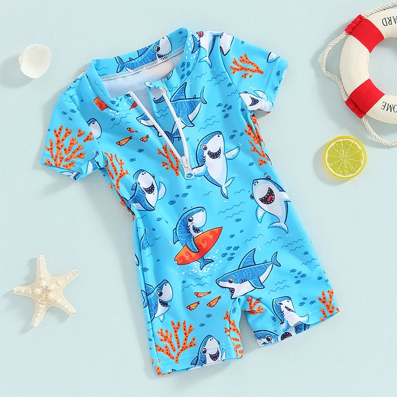 Toddler Baby Boys Rash Guard Swimsuit Rompers Zipper Short Sleeve Shark Print Kids Bathing Suit Swimwear