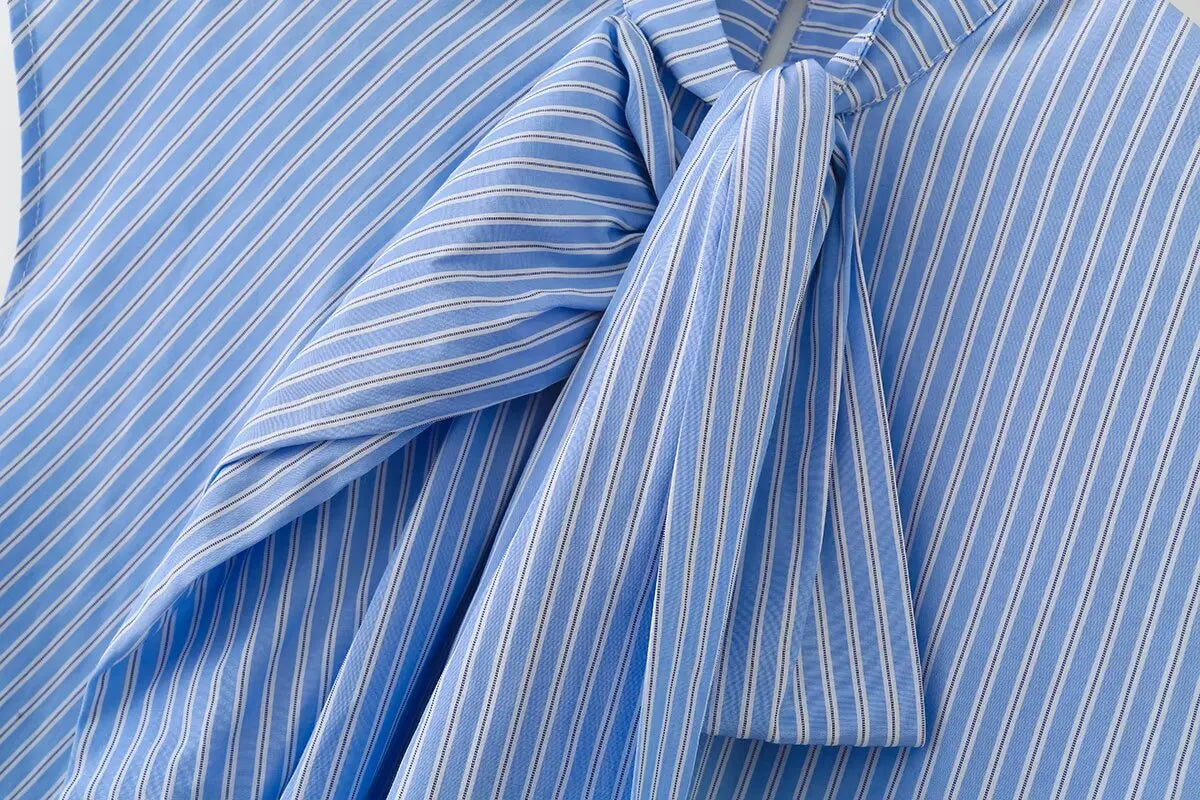 2026 New Women's Shirts Summer Fashion Striped Blouse Elegant Scarf Collar Office Women's Blouse Street Chic Young Tops
