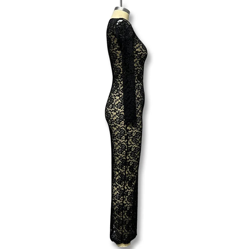New Spring and Summer Fashion Crew Neck Women's Lace Long Sleeve Dress Elegant Sheer Sexy Slim-fitting Casual Women's Long Dress
